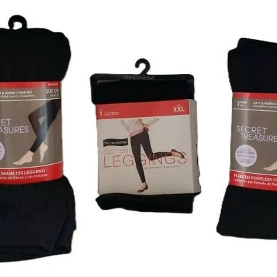 3 Lot Black Fleece Tights Size CD Super Opaque Secret Treasures No Nonsense XXL